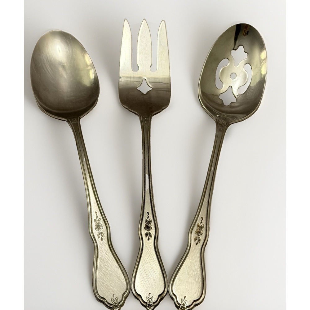 Oneida Morning Blossom 8.5" Serving Spoon Fork 3PC LOT Stainless Silverware VTG